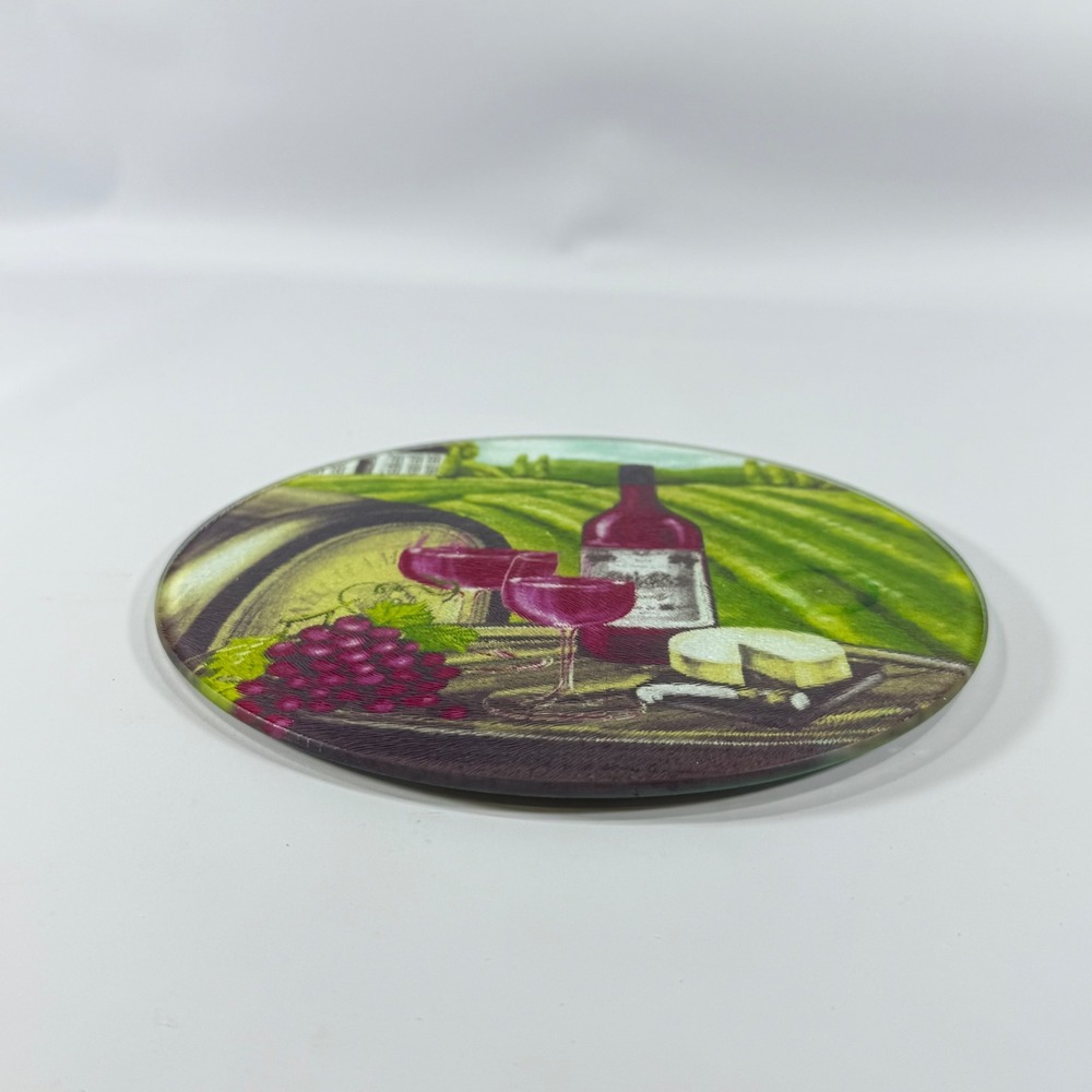 VTG Greenbriar Glass Cutting Board‎ Vineyard Wine Cheese Round Green Kitchen 8in - Picture 5 of 8